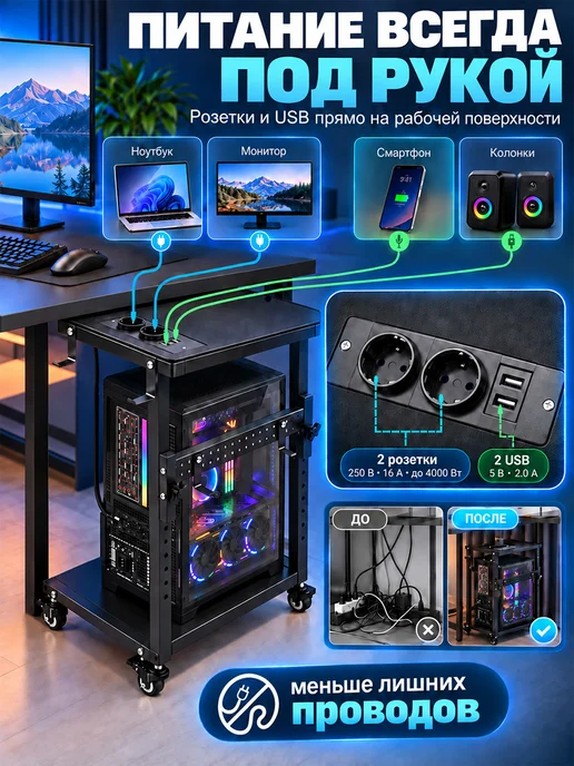 WENTUO подставка для системного блока с розетками и usb, черный, фото 3