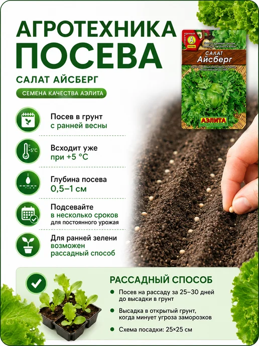 Аэлита Агрофирма Семена салат Айсберг кочанный хрустящий, набор 2 пакета, зеленый, фото 5