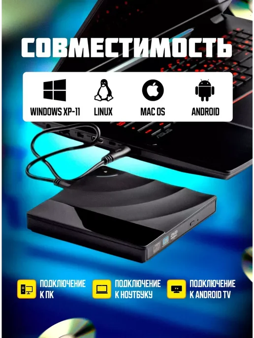 Внешний дисковод оптический привод CD DVD-RW USB 3.0 TYPE-C, вариант, фото 5