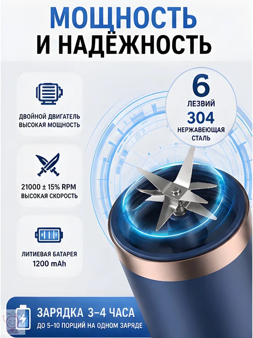 Портативный блендер 400 мл с 2 стаканами и USB зарядкой, 400 мл, фото 2
