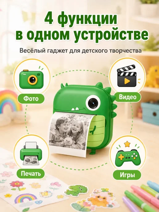 Нет бренда Детский фотоаппарат M2 Dino с мгновенной печатью, зеленый, фото 7