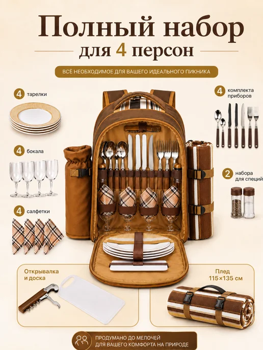 Рюкзак для пикника с посудой на 4 персоны, оранжевый, фото 2