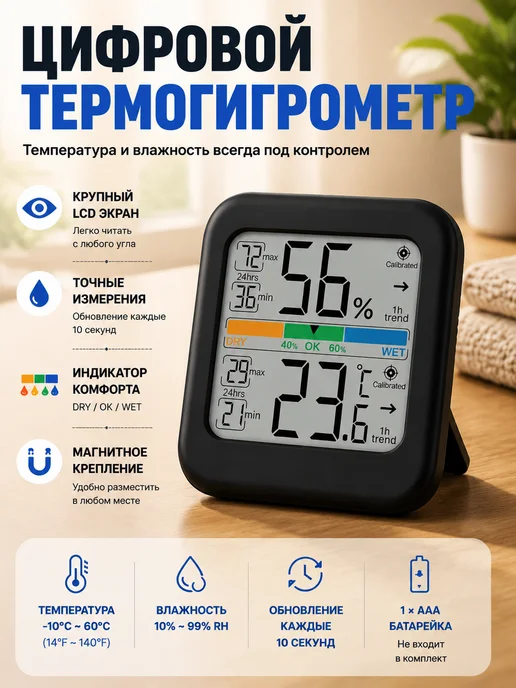 Vocoo Гигрометр термометр комнатный электронный, черный