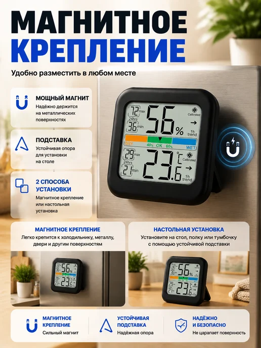 Vocoo Гигрометр термометр комнатный электронный, черный, фото 3