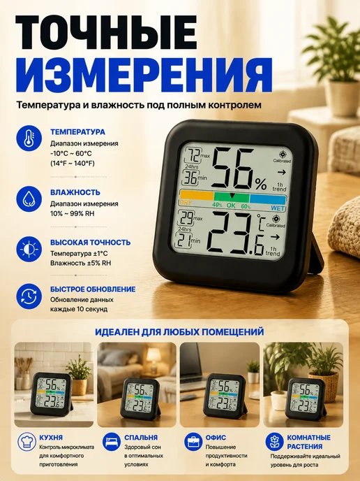 Vocoo Гигрометр термометр комнатный электронный, черный, фото 7