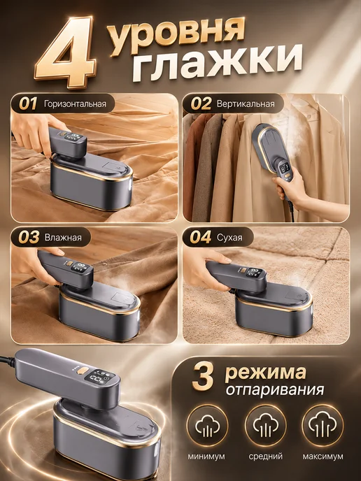 Отпариватель ручной для одежды вертикальный ЖК дисплей 4 в 1, серый, фото 3