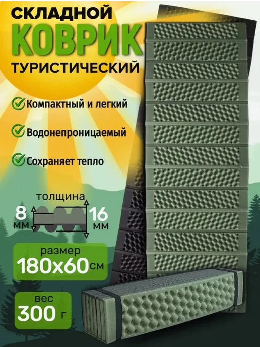 Коврик туристический складной Гармошка 180х60х2 см Походный, 60x2 см