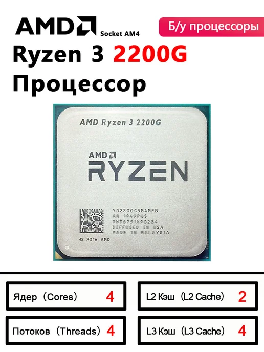 AMD R3 2200G Ryzen 3 2200G Used 3.5 GHz Zen 0.014 CPU YD2200C5M4…, 2200 г, 2200 г