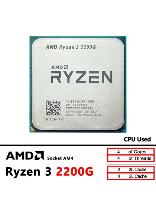 AMD R3 2200G Ryzen 3 2200G Used 3.5 GHz Zen 0.014 CPU YD2200C5M4…, 2200 г, 2200 г, фото 2