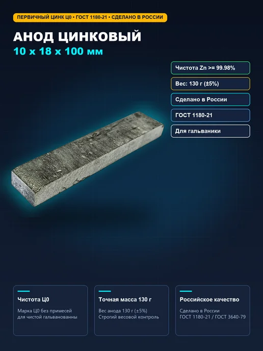 Анод цинковый Ц0 10х18х100 мм, 18x100 мм