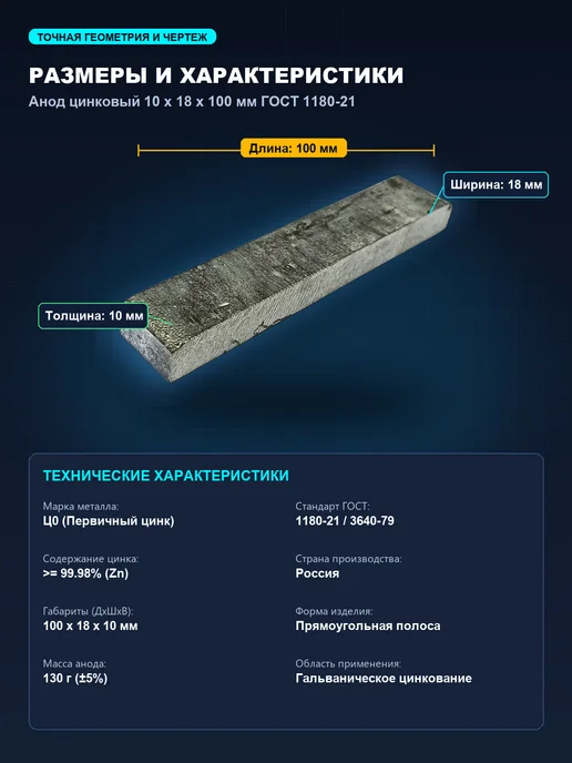 Анод цинковый Ц0 10х18х100 мм, 18x100 мм, фото 2