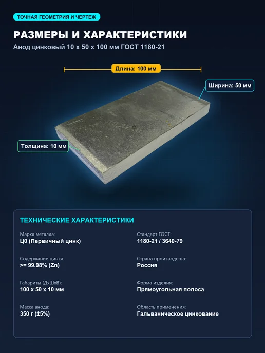 Анод цинковый Ц0 10х18х100 мм, 10x50x100 мм, фото 2