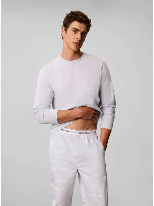 CALVIN KLEIN Пижама хлопковая брюки и рубашка, голубой, фото 2