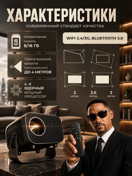 Проектор для фильмов домашний на стену 4K UltraHD, серый, фото 5