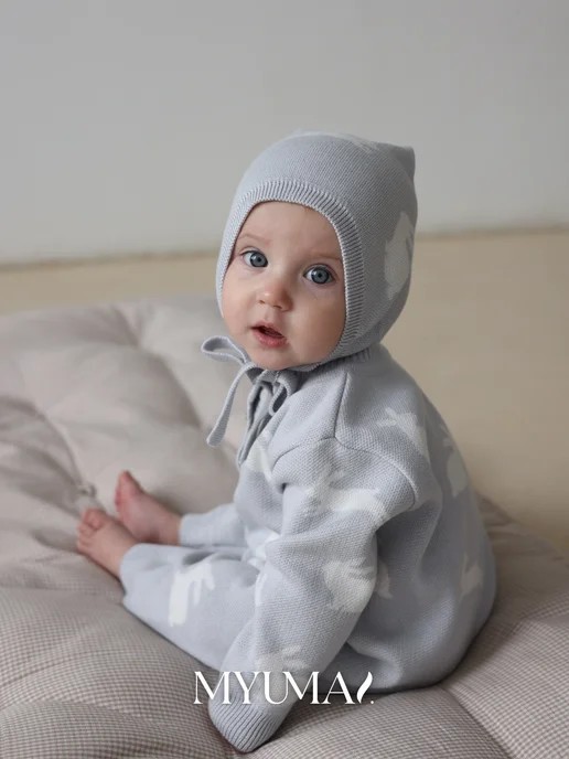 MYUMAI Комбинезон слип с чепчиком для малышей вязаный, серый, фото 4