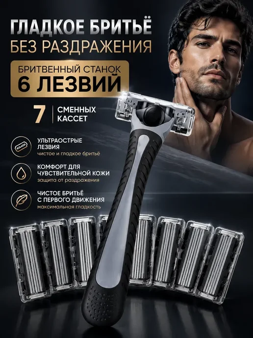 Фарадея бритва мужская многоразовая с кассетами 6 лезвий, черный, фото 2