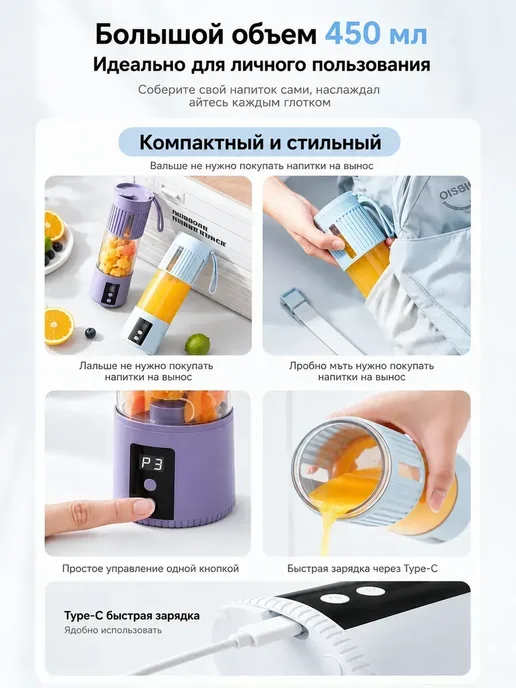 Портативный блендер для смузи и коктейлей с измельчителем, 450 мл, фото 6