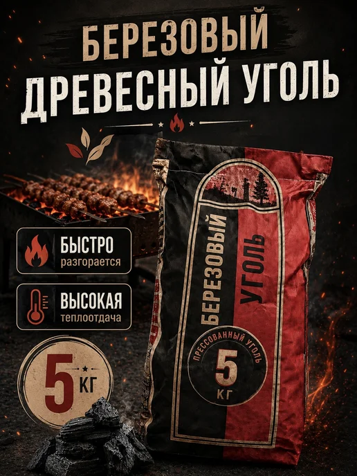 Уголь древесный березовый для мангала 10 кг, 5 кг