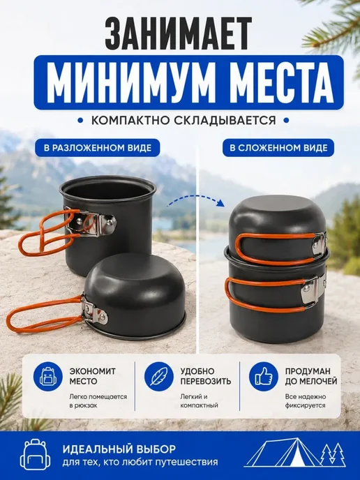 ДокЛюкс набор посуды туристический для костра складной котелок, черный, фото 4