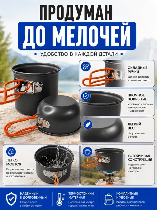 ДокЛюкс набор посуды туристический для костра складной котелок, черный, фото 6