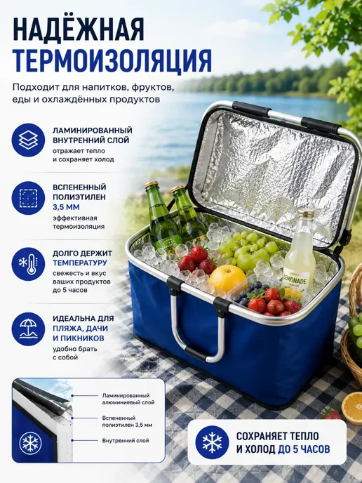 Альма Термосумка с теплоизоляцией 30 литров корзина для пикника*, синий, фото 2