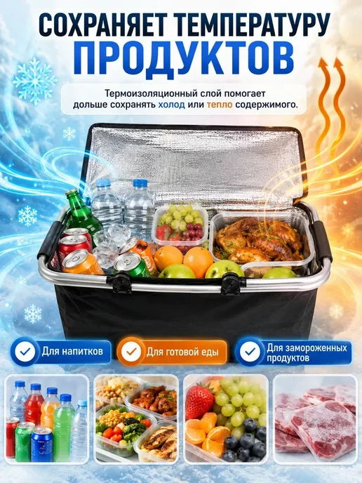 ЕКА7 Сумка холодильник складная для продуктов и пикника*, черный, фото 2