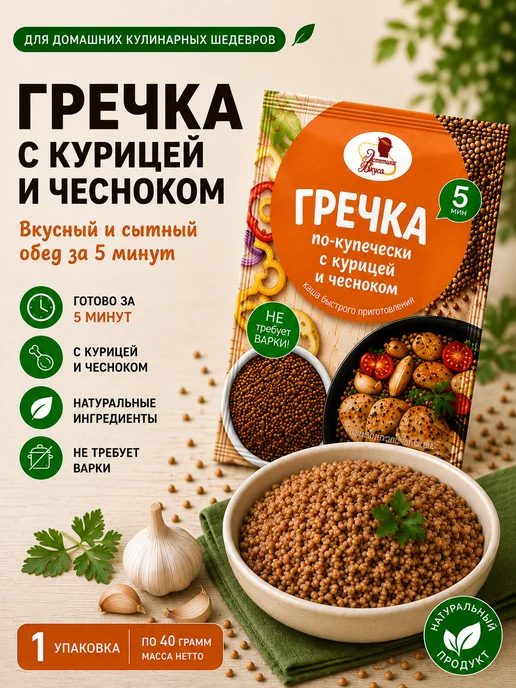 Эстетика вкуса Каша "Гречка по-купечески с курицей и чесноком" 5 шт по 40г, 40 г
