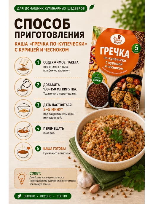 Эстетика вкуса Каша Гречка По-купечески с курицей и чесноком 3 шт по 40 гр, 3 шт, 40 г, фото 3