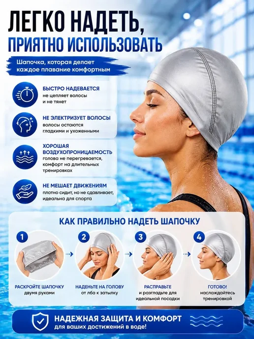 НИ93 Шапочка для бассейна женская тканевая для плавания, серый, фото 3