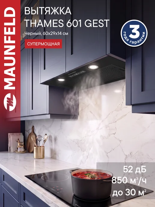 Вытяжка кухонная 60 см встраиваемая THAMES 601 GEST черный, черный
