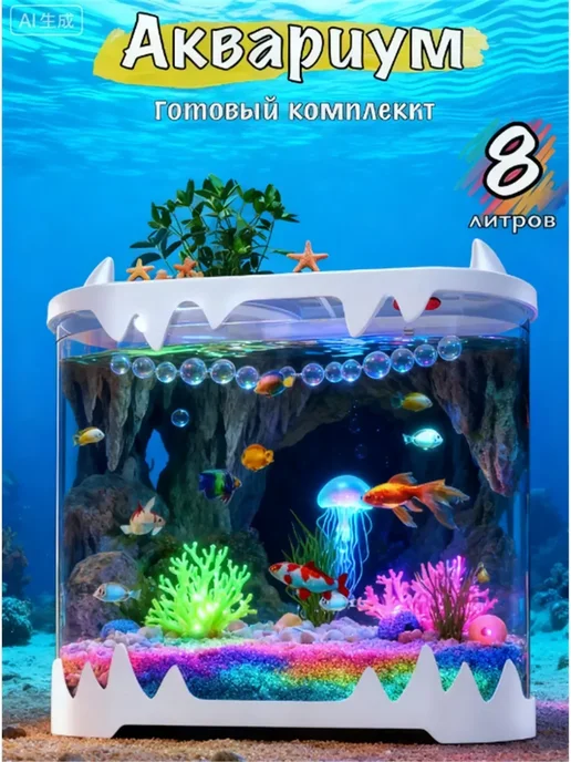 аквариум для рыбок с подсветкой и фильтром, белый