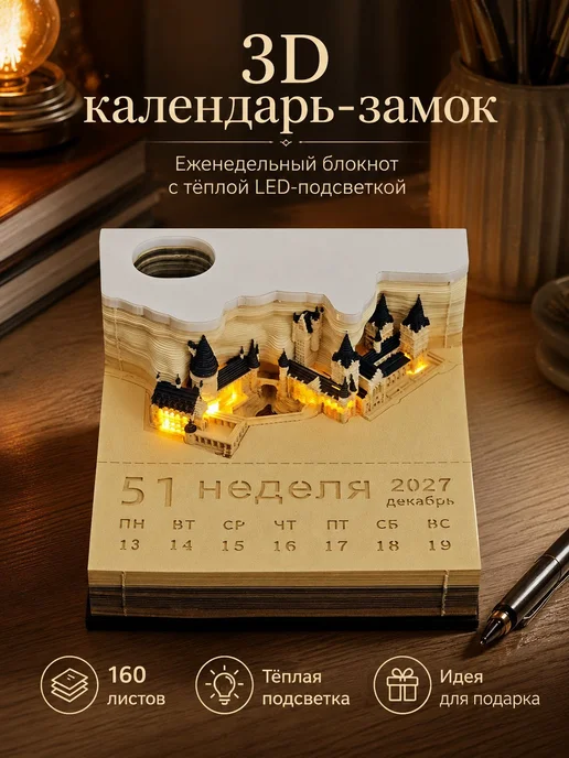 3D календарь-органайзер, памятка и светильник с домом и замк, вариант