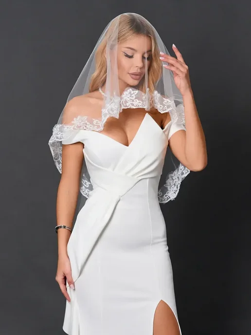 Фата свадебная короткая блестящая, белый, фото 5
