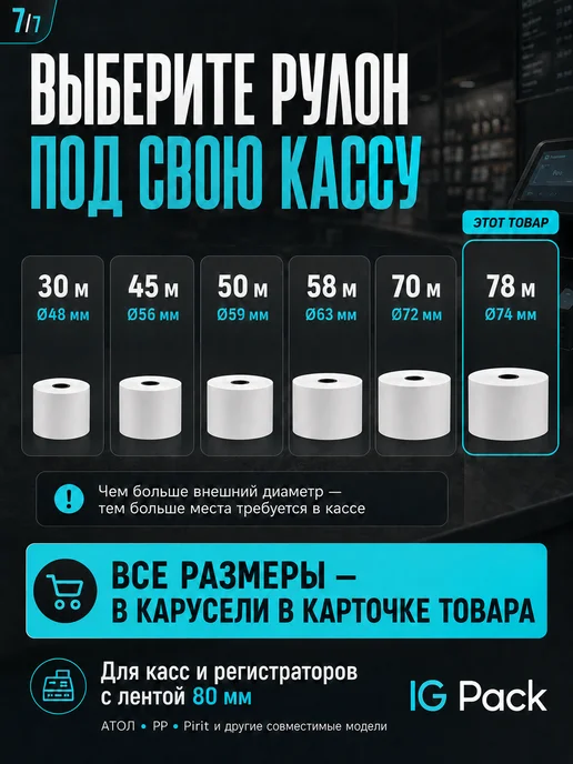 IG Pack Кассовая чековая лента 57 мм, 17 м, 78 м, фото 7