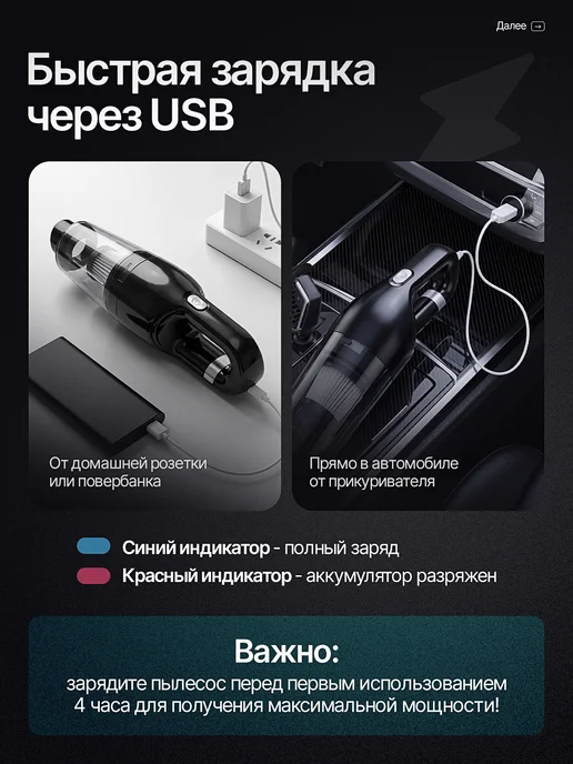 Пылесос автомобильный беспроводной мощный с насадками, вариант, фото 6