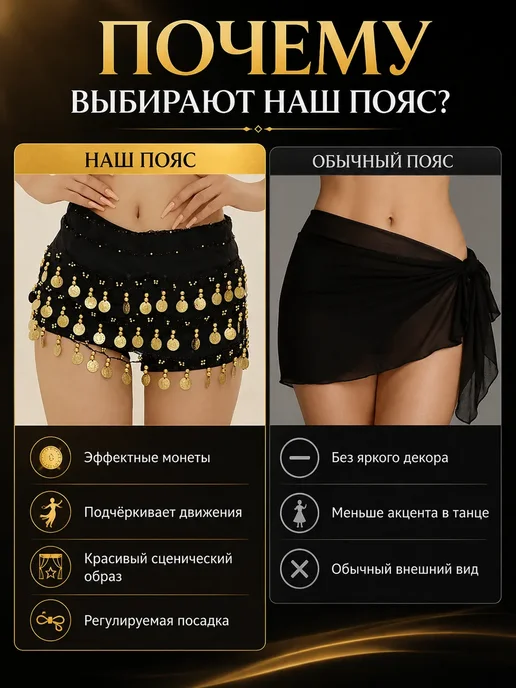 Пояс для восточных танцев на бедра с монетами, черный, фото 5