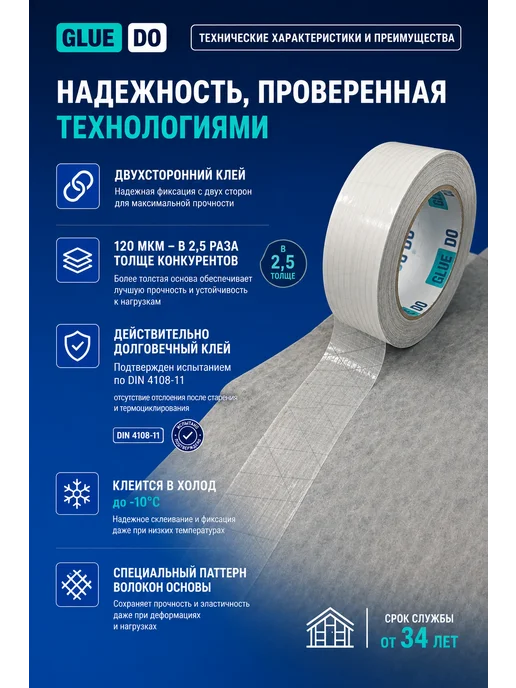 Gluedo Скотч для пароизоляции и мембран двухсторонний, белый, фото 2