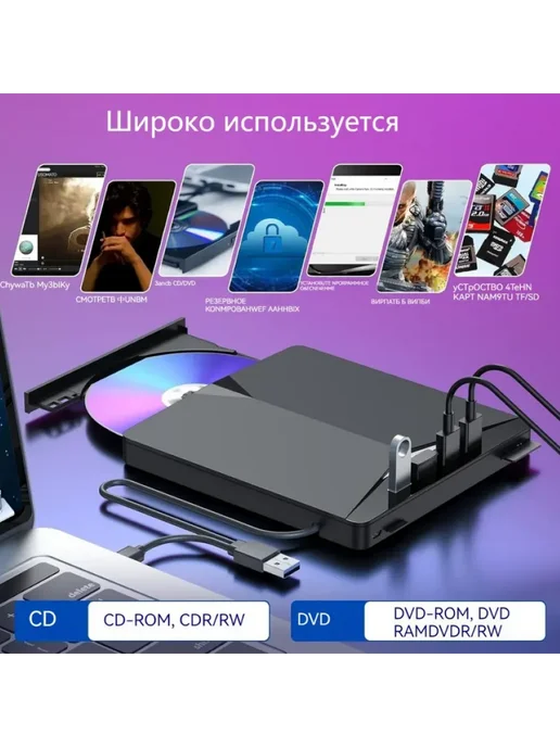 Компактный внешний DVD-ROM для ПК и ноутбуков, вариант, фото 2