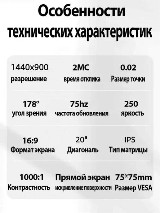 VecorSonic 20-дюймовый IPS-монитор 1440×900, 75 Гц, черный, 1440x900, фото 2