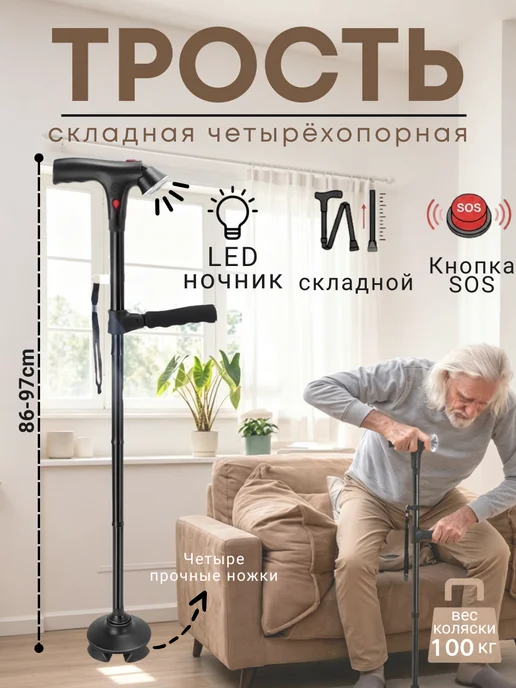 Трость складная четырёхопорная для пожилых людей, черный