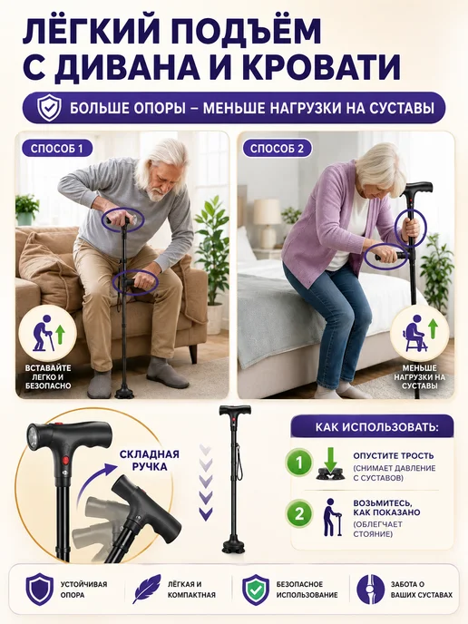 Трость складная четырёхопорная для пожилых людей, черный, фото 4
