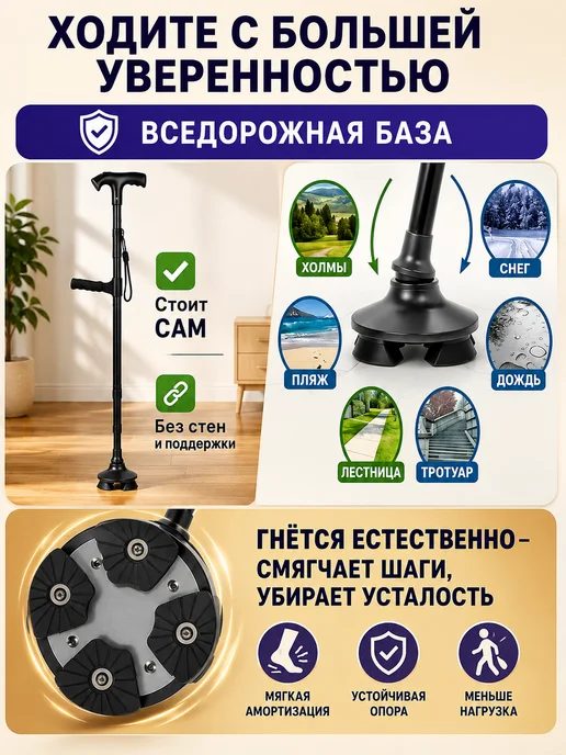 Трость складная четырёхопорная для пожилых людей, черный, фото 7