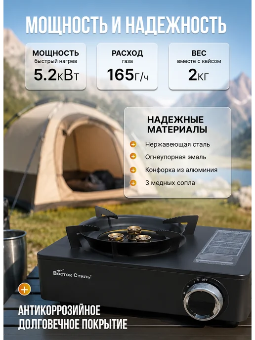 Газовая плита туристическая портативная с пьезоподжигом, черный, фото 5