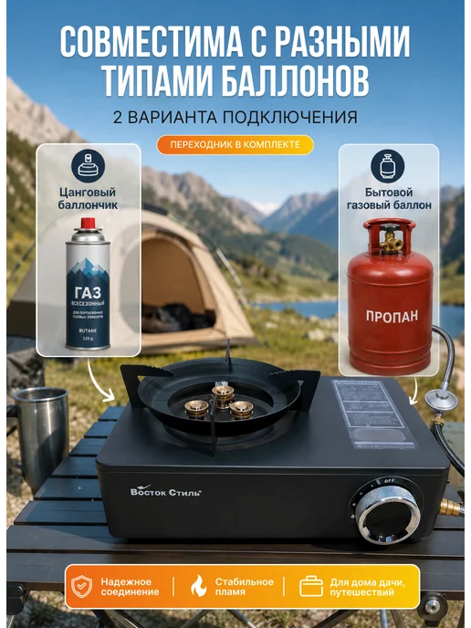 Газовая плита туристическая портативная с пьезоподжигом, черный, фото 7