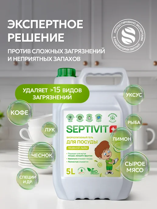 SEPTIVIT Средство для мытья посуды Ледяной лайм 5 литров, вариант, фото 5