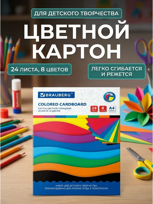 Brauberg Картон цветной мелованный А4 24л 8 цветов «Цвета», 24 л, 8 цв.