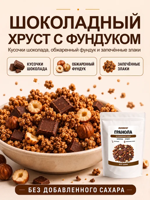 RUSBEST Гранола без сахара 400 гр Шоколад–фундук, 400 г, фото 2