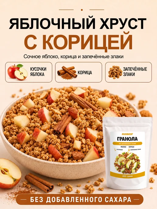 RUSBEST Гранола без сахара 400 гр Яблоко–корица, 400 г, фото 2