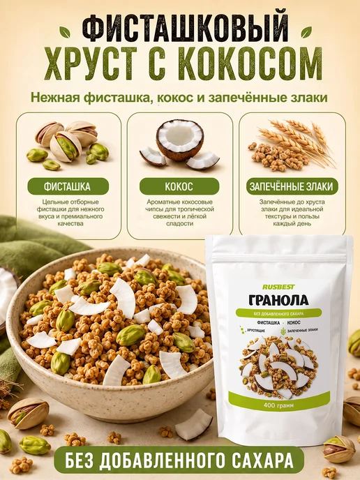 RUSBEST Гранола без сахара 400 гр Фисташка–кокос, 400 г, фото 2