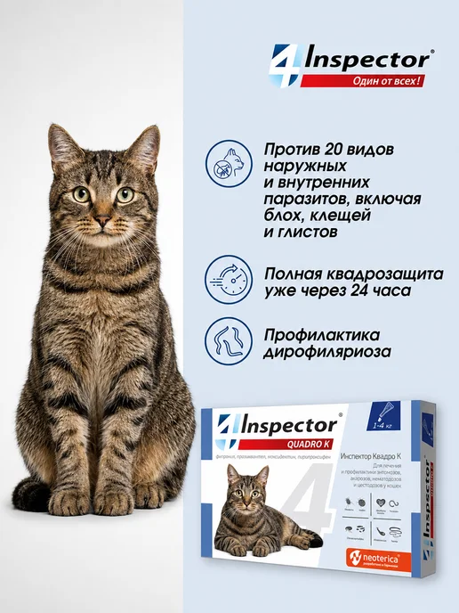 inspector Капли от клещей блох глистов для кошек Quadro до 4 кг, 4 кг, фото 2